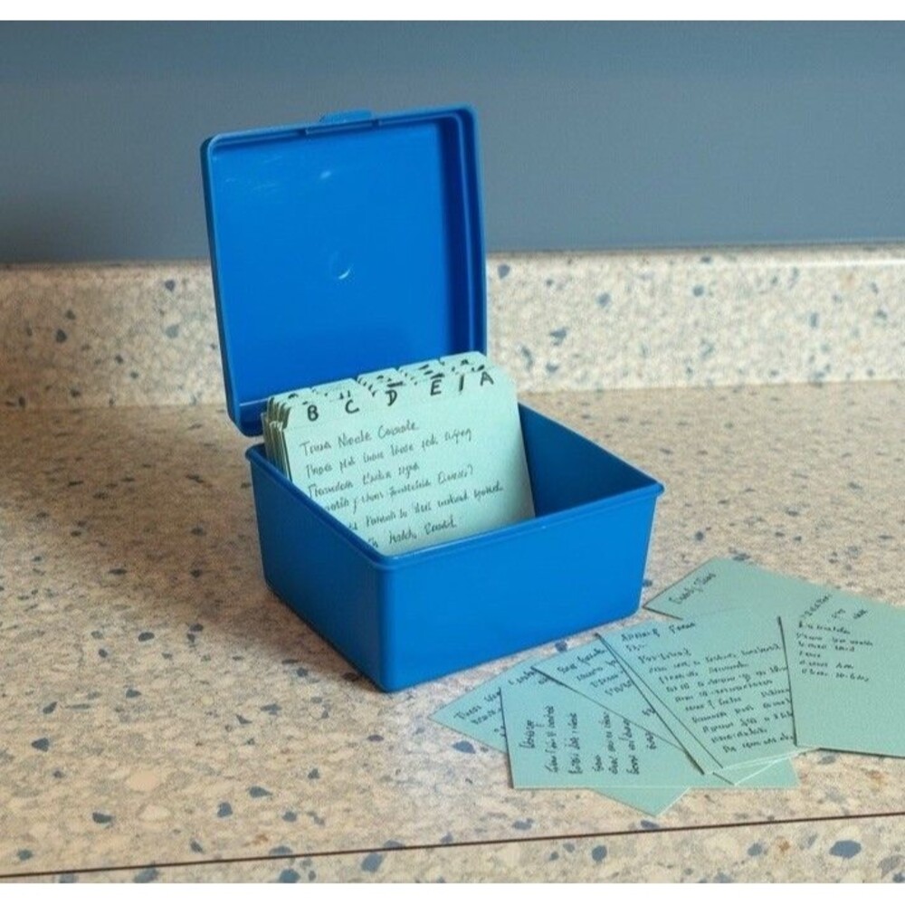 Vtg Blue Recipe Card Box w Dividers Alphabet Index USA Sterling Plastic Case 270